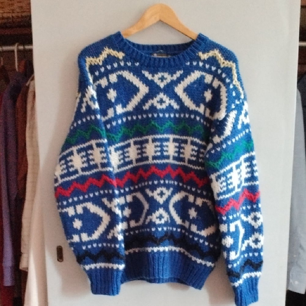 Blue and White Crewneck Sweater with Nordic Pattern